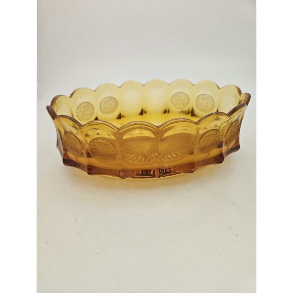 Vintage Ammber Glass Oval Bowl in the "Coin" Pattern Fostoria Glass Company.